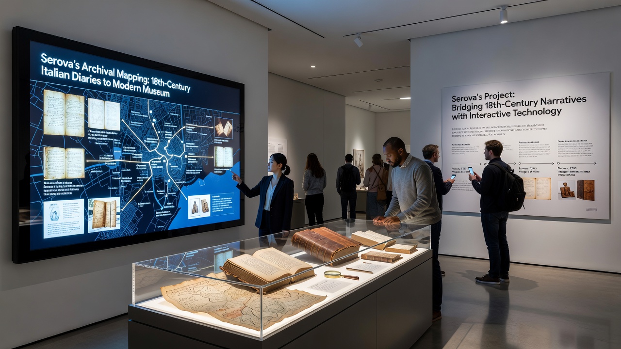 Museum visitor using an interactive tablet app with geolocated diary content from the Serova archival mapping project displayed alongside an 18th-century artifact